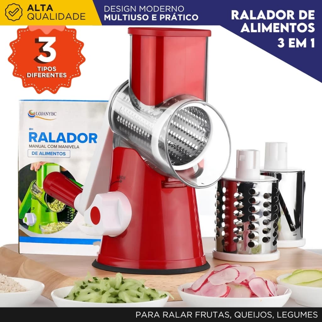 Ralador de Legumes Giratório 3 em 1 Multiuso Manual com Ventosa e 3 Lâminas Para Queijo e Legumes BH