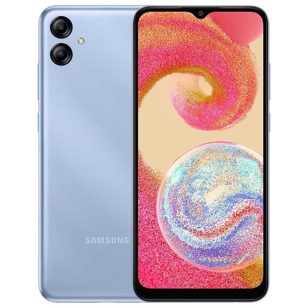 Smartphone Samsung Galaxy A04e 64GB azul claro, frente e verso com efeito de bolha na tela