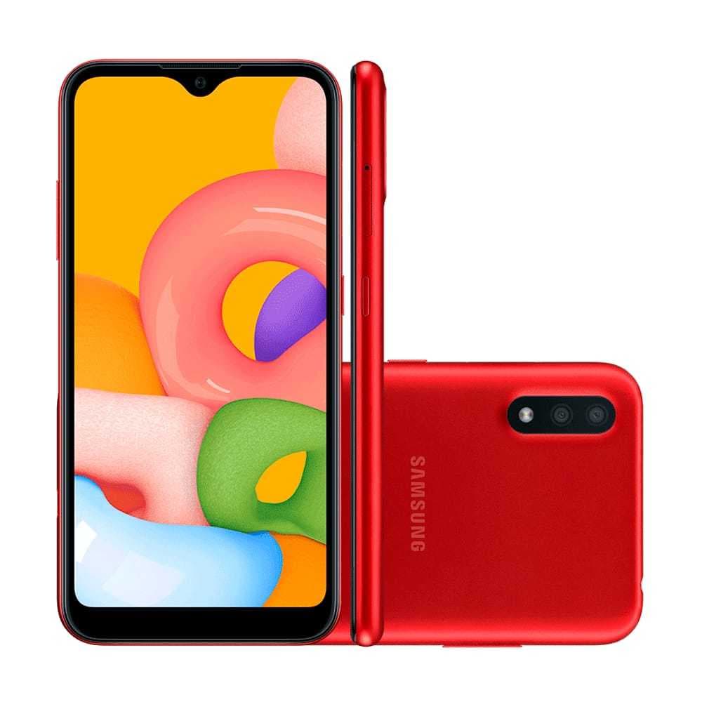 Smartphone Samsung Galaxy A01 32GB Vermelho com tela animada e design traseiro vermelho