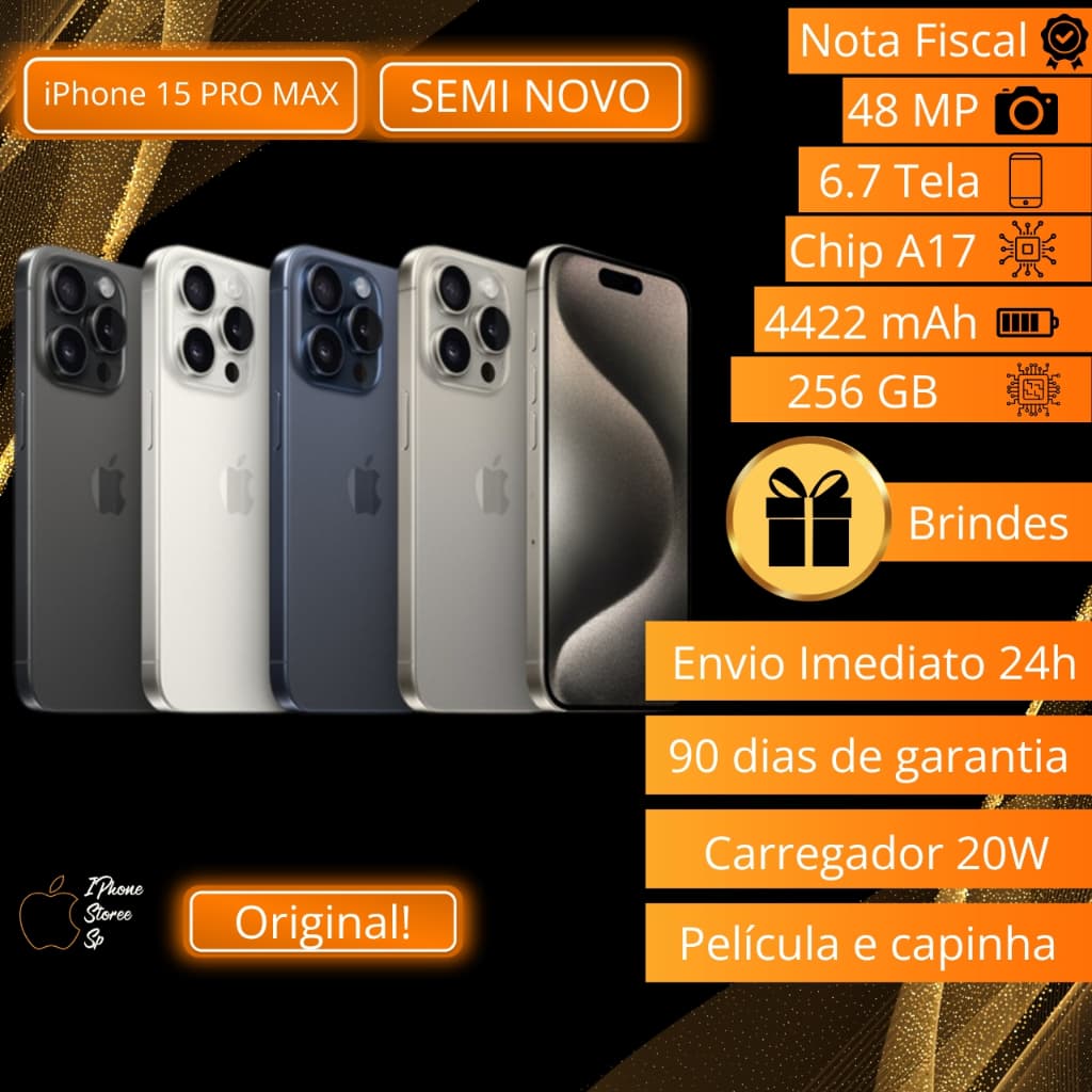 iPhone 15 Pro Max 256GB Original Semi Novo - Vários modelos em cinza espacial, prata, ouro e azul marinho