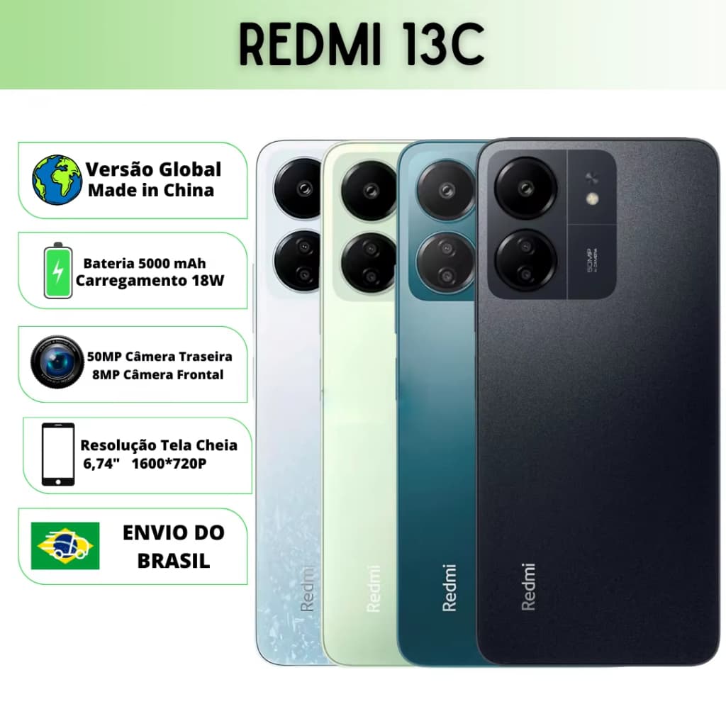 Celular Smartphone Xiaomi Redmi 13C 128GB 4GB 256GB 8GB Global Original Lacrado Tela 6,74'' 50MP Bateria 5000mAh