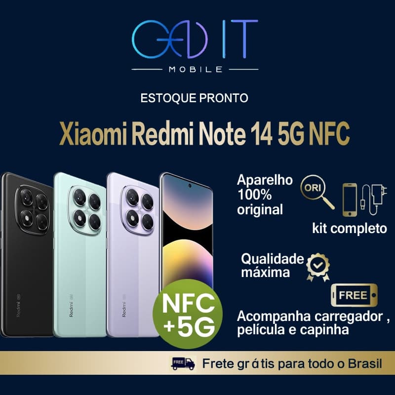 Anúncio do Xiaomi Redmi Note 14 5G NFC em várias cores com qualidade máxima e acessórios inclusos