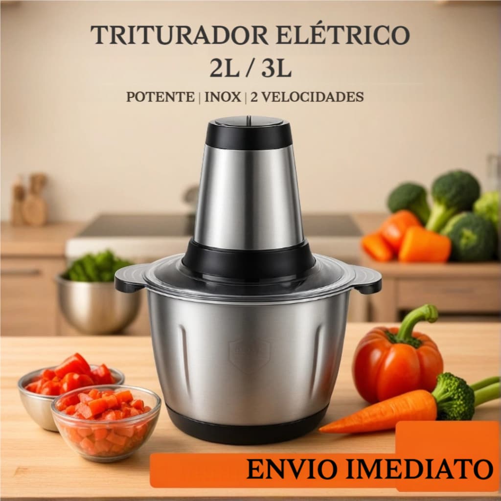 Triturador Processador Elétrico 2L / 3L Multifuncional  Seguro 110v / 220v Alimentos Carnes Legumes Aço Inox