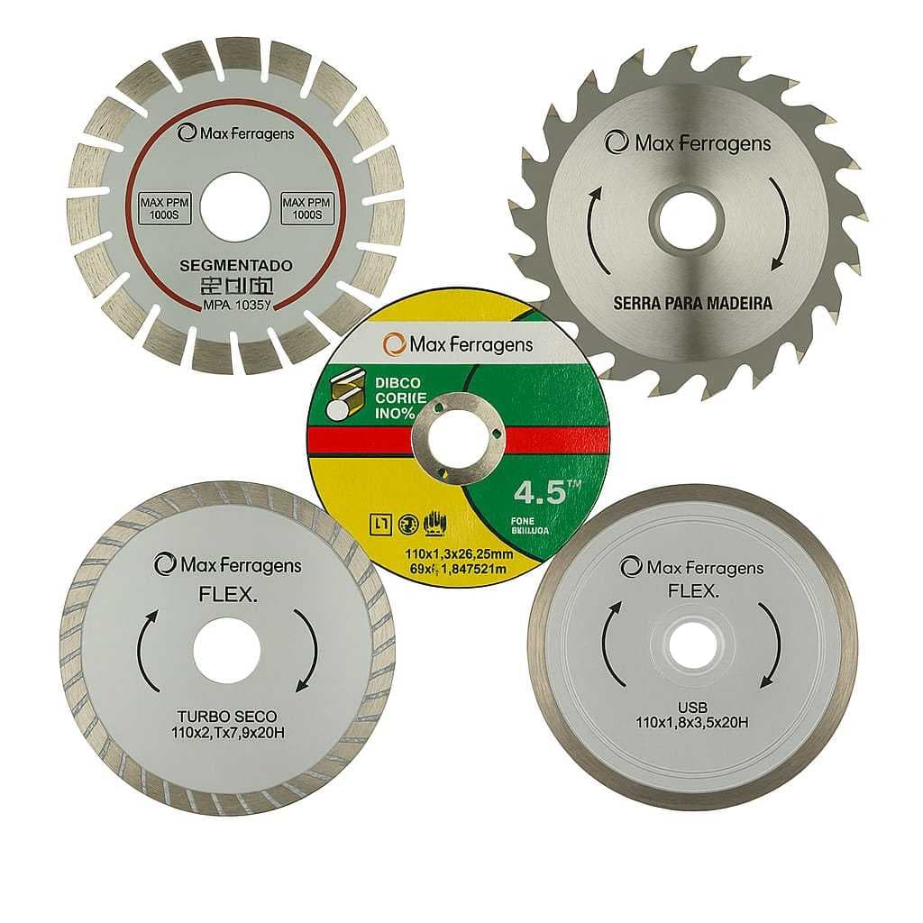 Cinco discos diamantados para serra circular Max Ferragens, tipos Segmentado, Serra para Madeira, Disco Côrke Inox, Turbo Seco e Flex