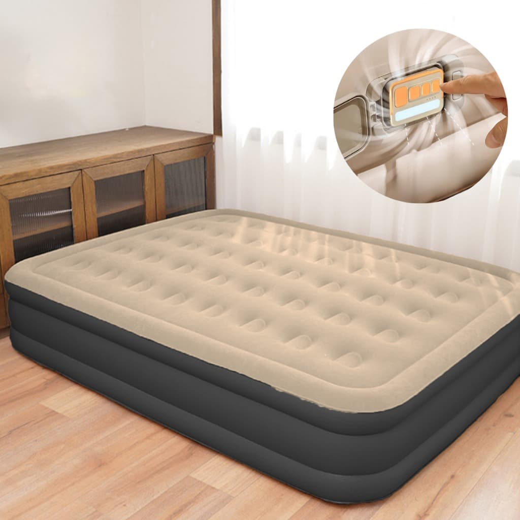 Cama de ar inflável dupla preta e bege com controle de inflação