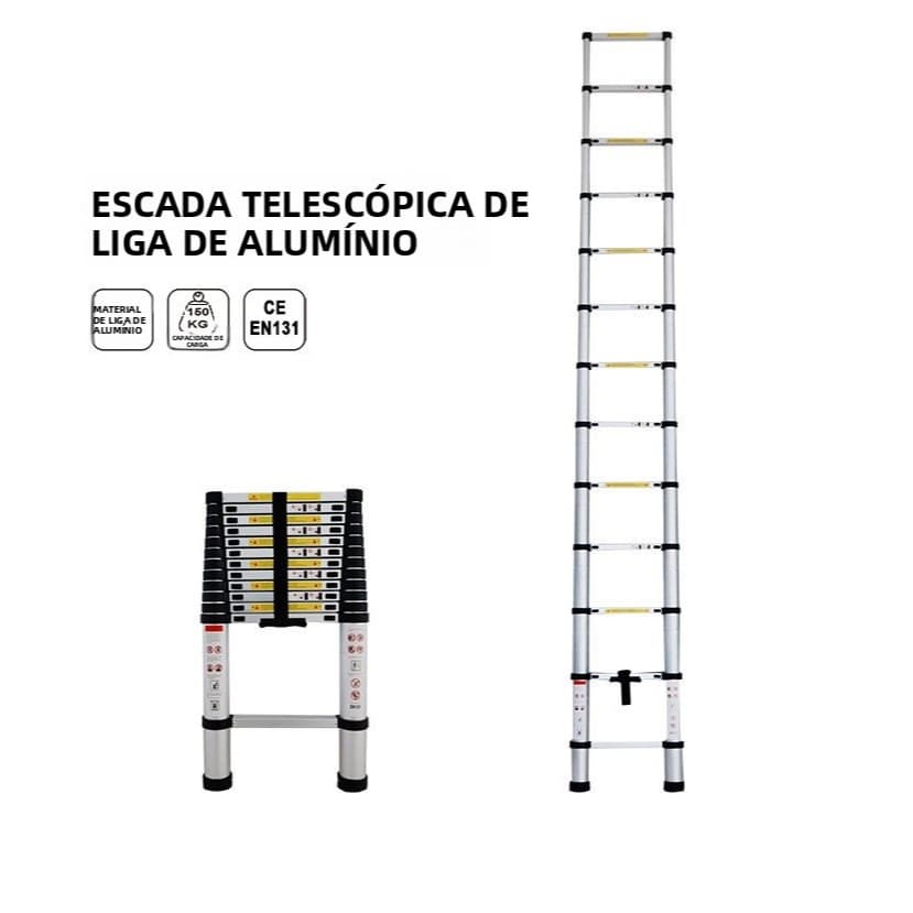 Escada telescópica de liga de alumínio, 16 degraus, 5m, 150kg, dobrável, com travamento, certificação CE