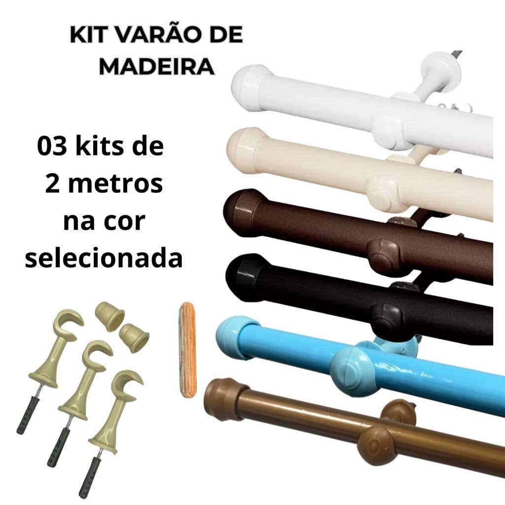 Kit com 3 varões de madeira para cortina simples 2,00 metros 19mm com ponteiras e suportes em várias cores