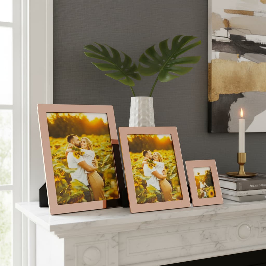 Kit de três porta-retratos com molduras rosa em móvel branco, parede cinza e vela
