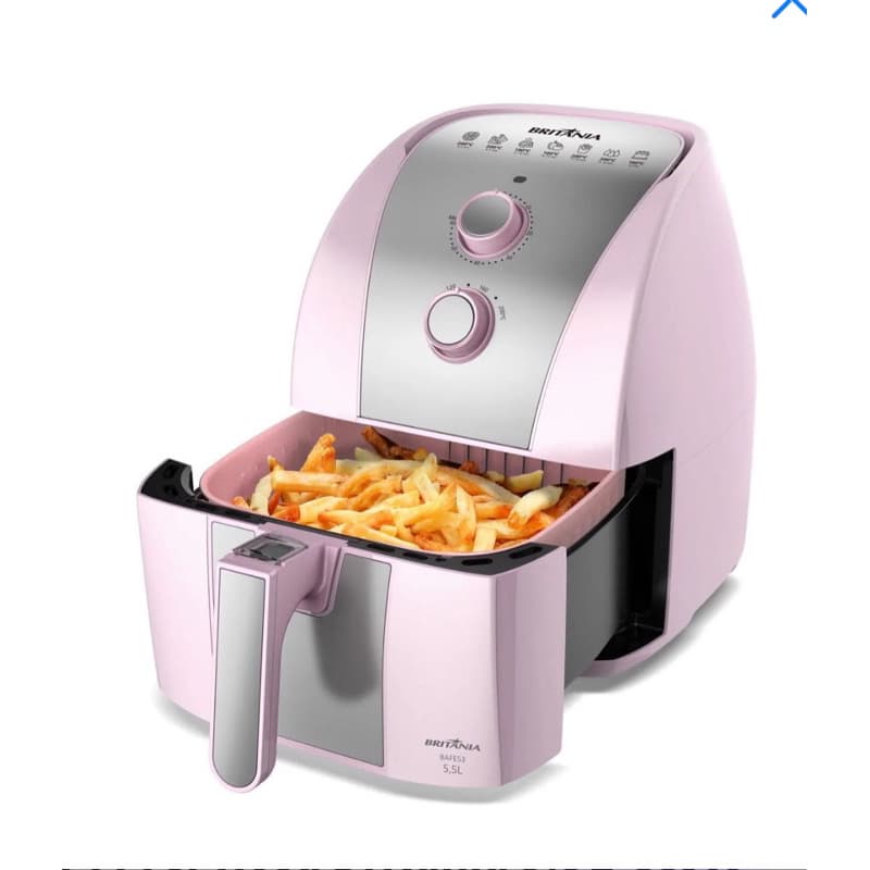 Friteira de ar rosa Britânia 5,5L com cesto, contra fundo branco