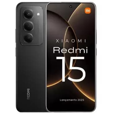 Smartphone Xiaomi Redmi 15 preto com tela AMOLED e câmera tripla