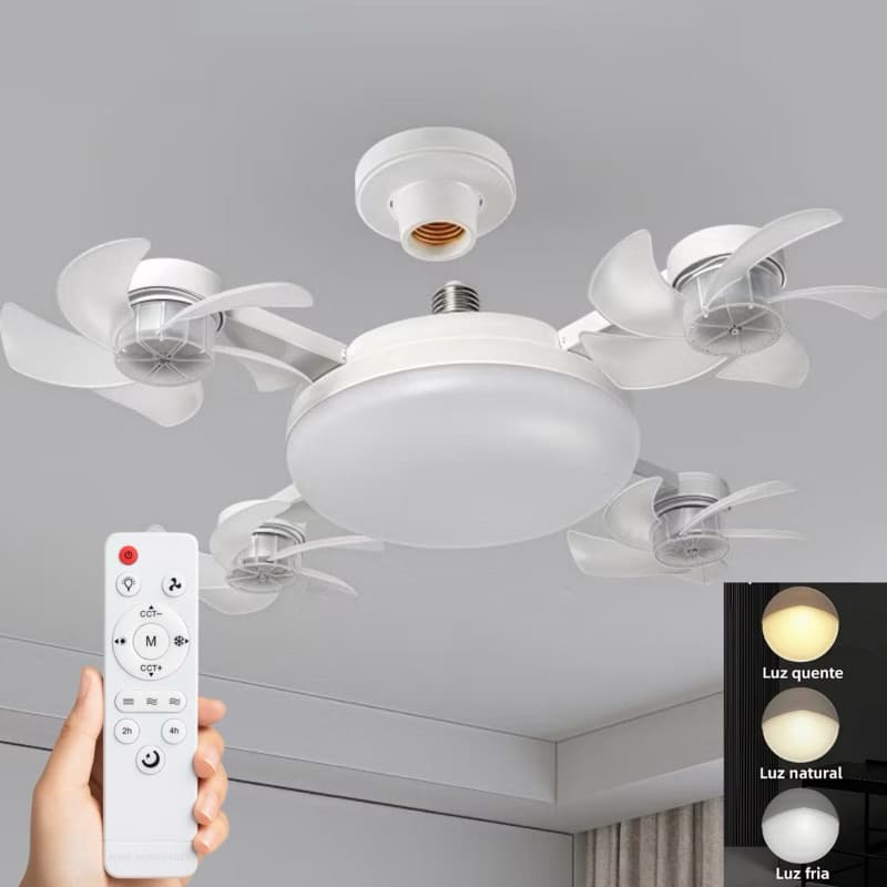 Ventilador de Teto com Lustre LED E27 Silencioso com Controle Remoto 4 Mini Hélices Integradas Bivolt