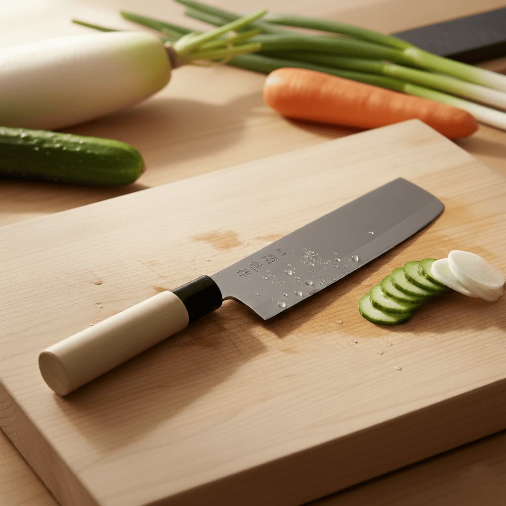 Faca japonesa Nakiri para legumes, profissional, em fundo de madeira com legumes