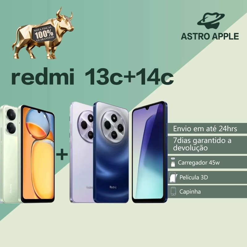 Promoção de smartphones Xiaomi Redmi 13c e 14c em várias cores, com garantia e acessórios incluídos