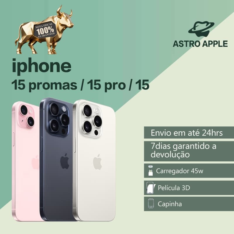 iPhone 15, 15 Pro e 15 Pro Max em rosa, preto e branco com garantia e promoções