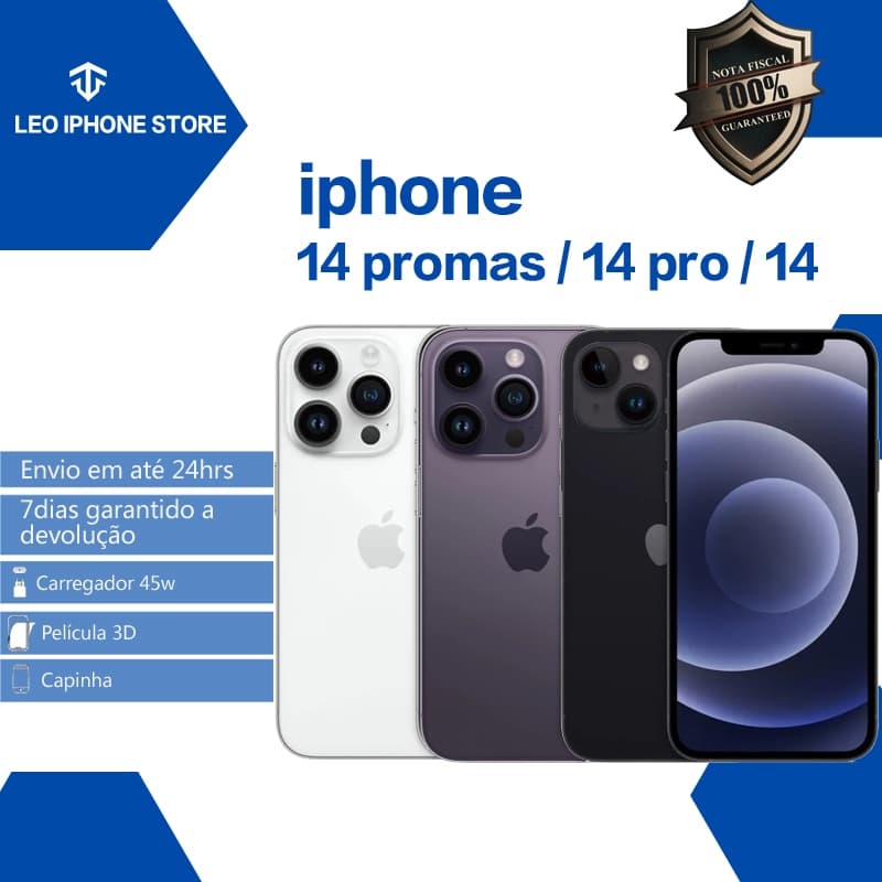 iPhone 14 modelos branco, cinza e preto em anúncio com garantia e carregador 45w