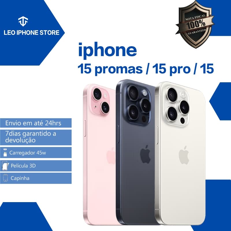 iPhone 15, 15 Pro e 15 Pro Max em rosa, cinza e branco com garantia e envio rápido