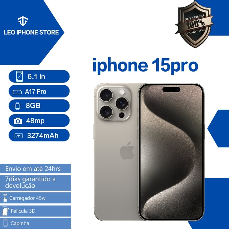 iPhone 15 Pro 128GB/256GB 100% Original com Garantia - Vitrine com especificações e garantia