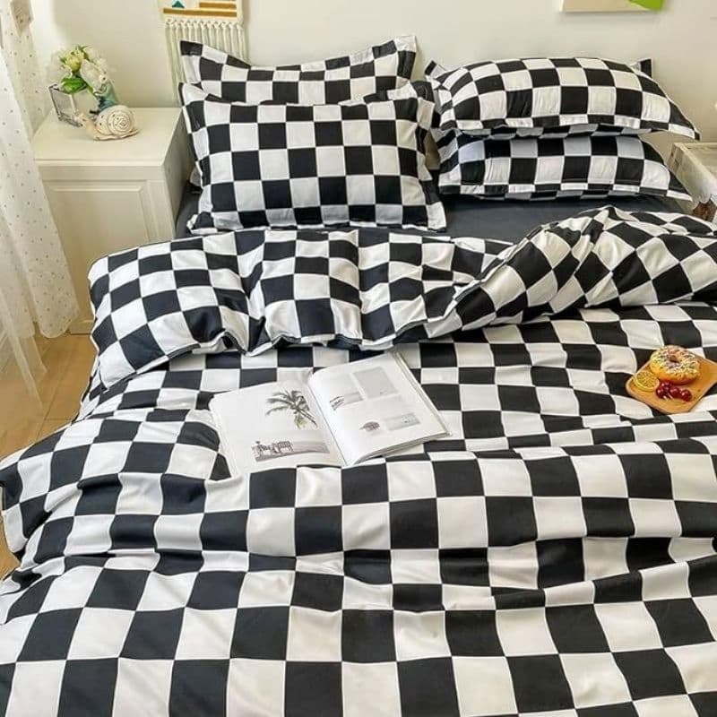 Kit de edredom xadrez preto e branco para cama de casal