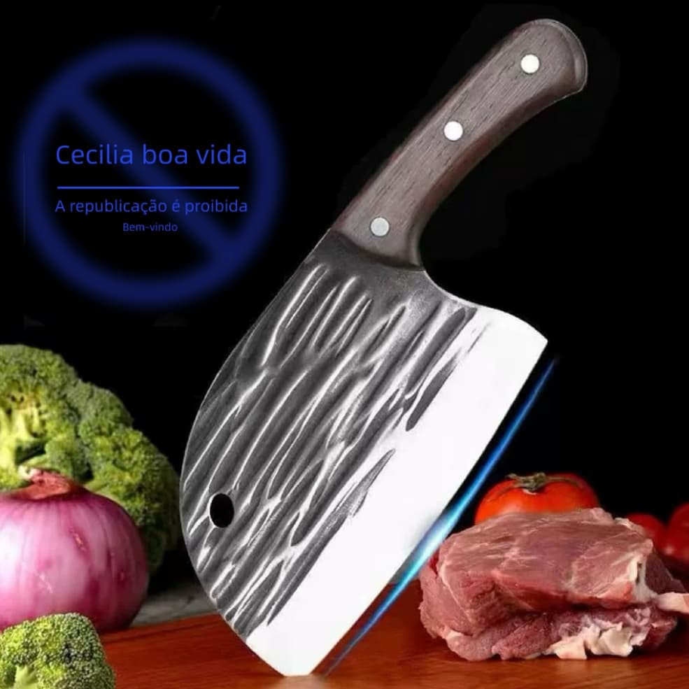 Faca de corte de carne de alto carbono com cabo de madeira e lâmina serrilhada