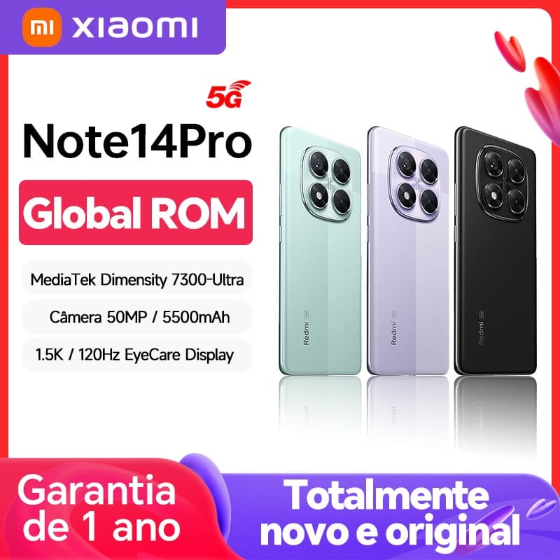 Anúncio Xiaomi Redmi Note 14 Pro 5G com quatro cores e especificações técnicas