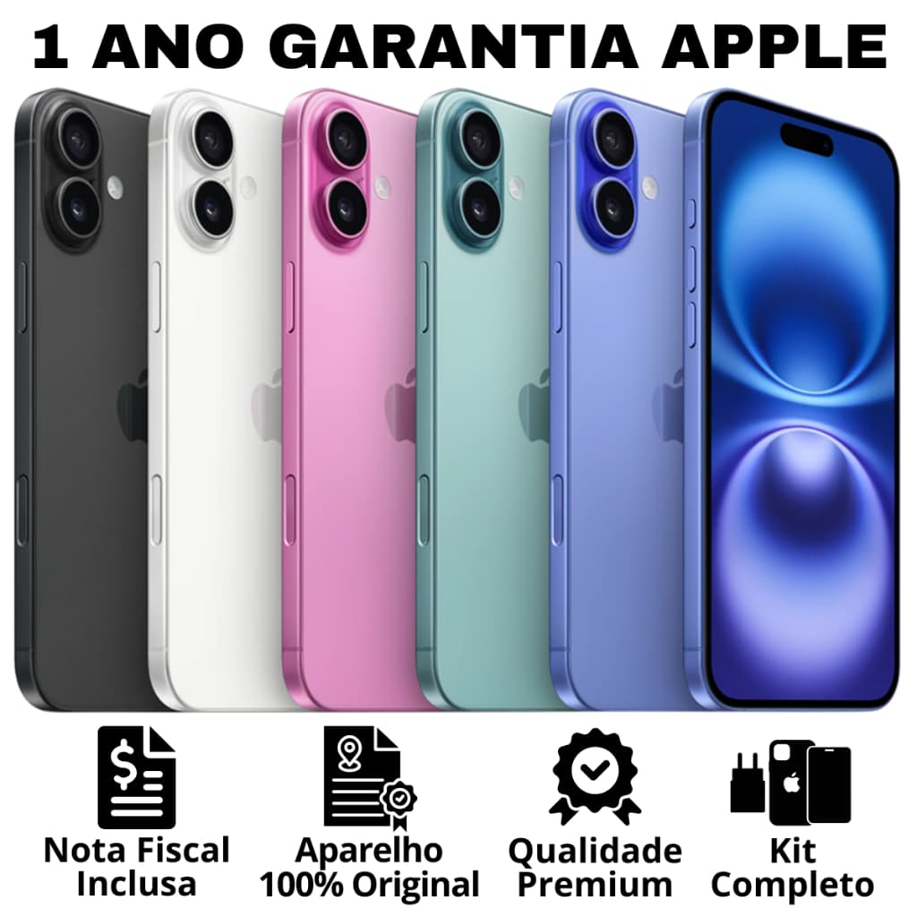 iPhone 16 em várias cores com nota fiscal e kit completo