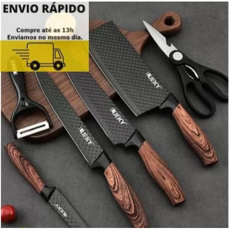 Conjunto Faca Inox 6 Peças Aço Carbono Cabo Reforçado  Descascador Tesoura Cutelo Carne Legumes