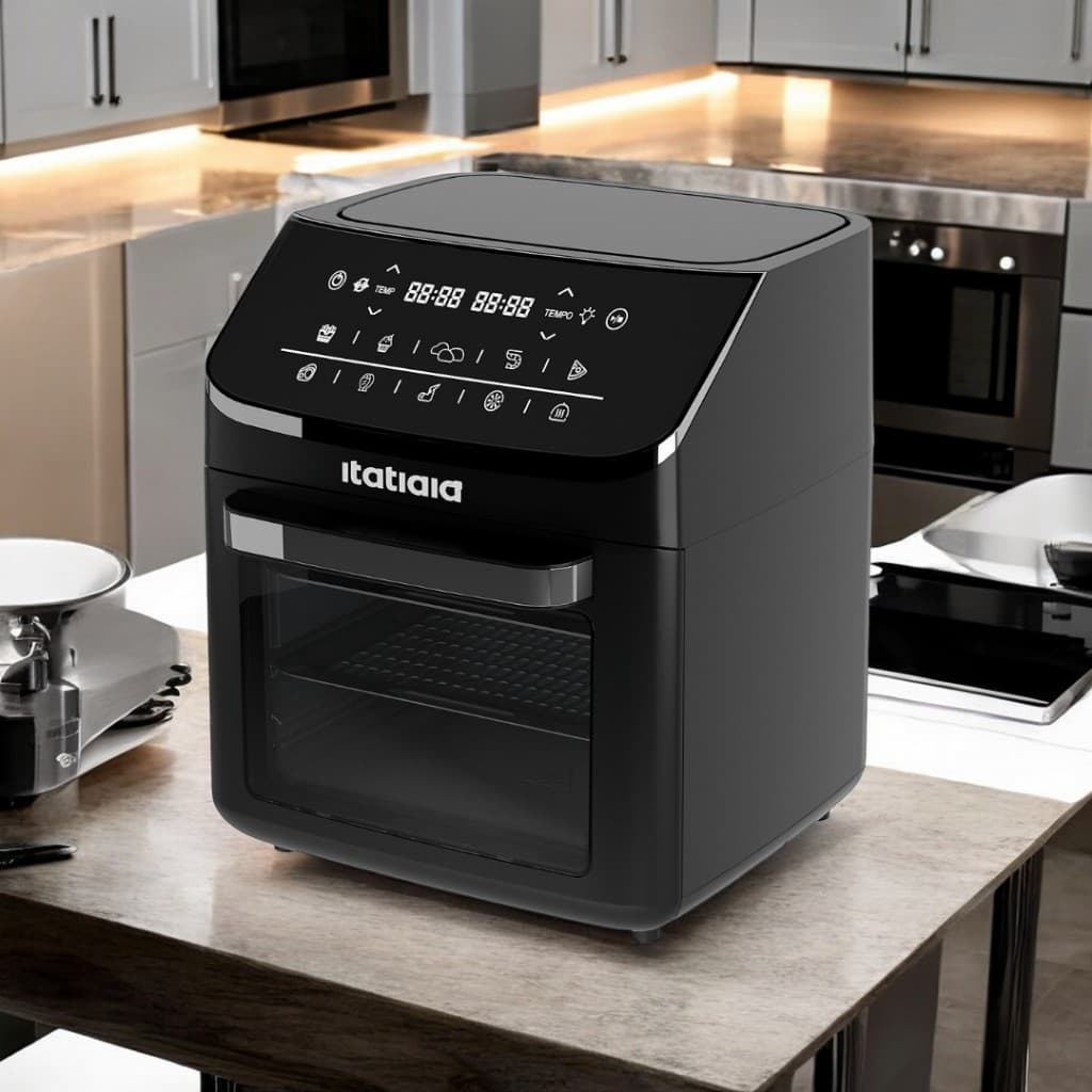 Fritadeira Air Fryer Itatiaia 12L Inox preta, cozinha moderna, balcão