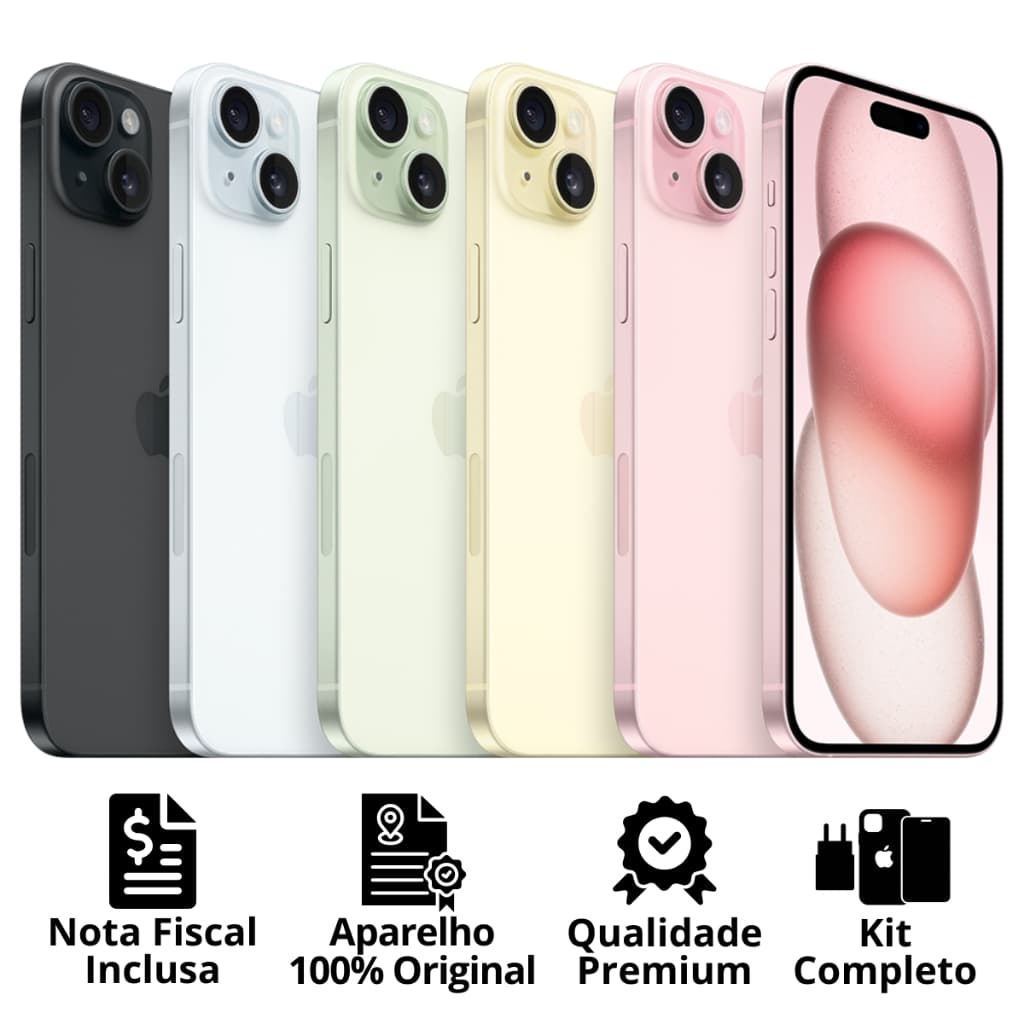 iPhone 15 / 15 Plus / 15 Pro / 15 Pro Max Apple Original Seminovo Vitrine Bateria 85% a 100% NF + Carregador + Película