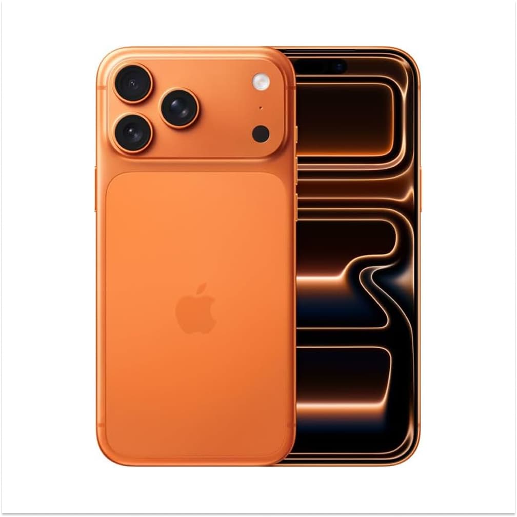 Imagem do iPhone 17 Pro 512GB 8GB cor laranja, mostrando parte traseira e frontal em ângulo