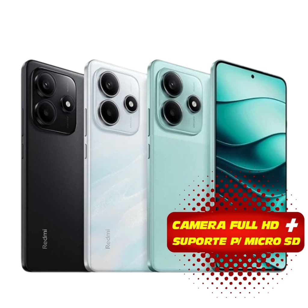 Smartphone Xiaomi Redmi Note 14 4G em quatro cores: preto, branco, verde-água e turquesa. Câmera Full HD com suporte para microSD.