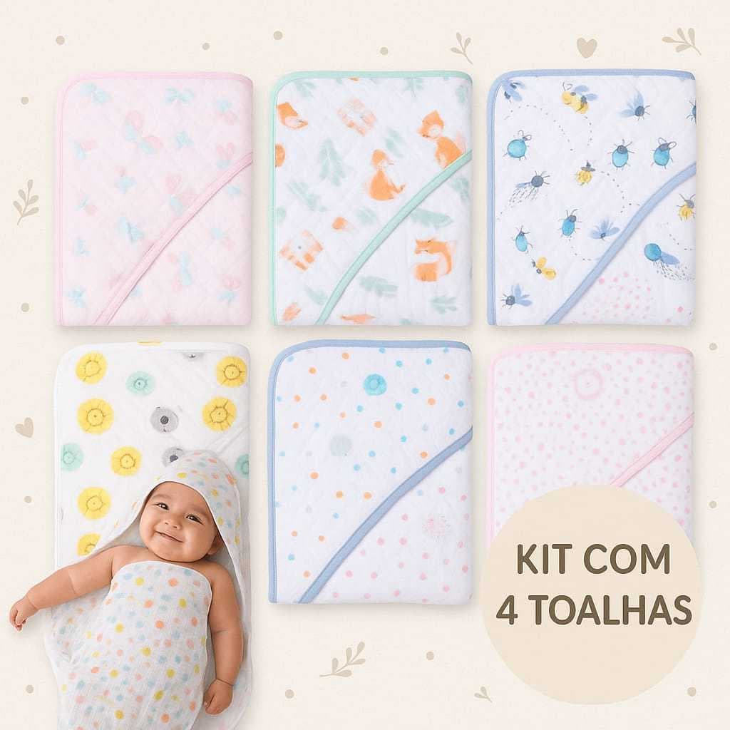 Kit com 4 toalhas estampadas para bebês, cores pastel, estampas de animais e insetos, fundo claro