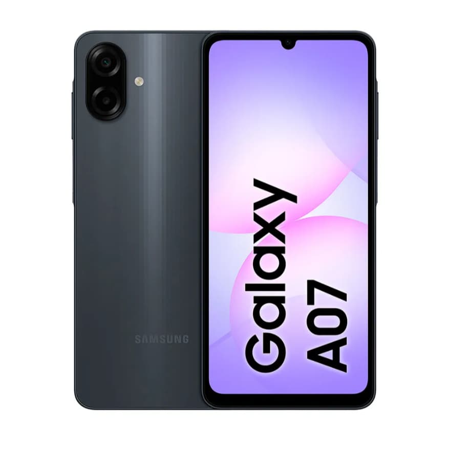 Smartphone Samsung Galaxy A07 em grafite com câmera dupla e texto Galaxy A07 na tela