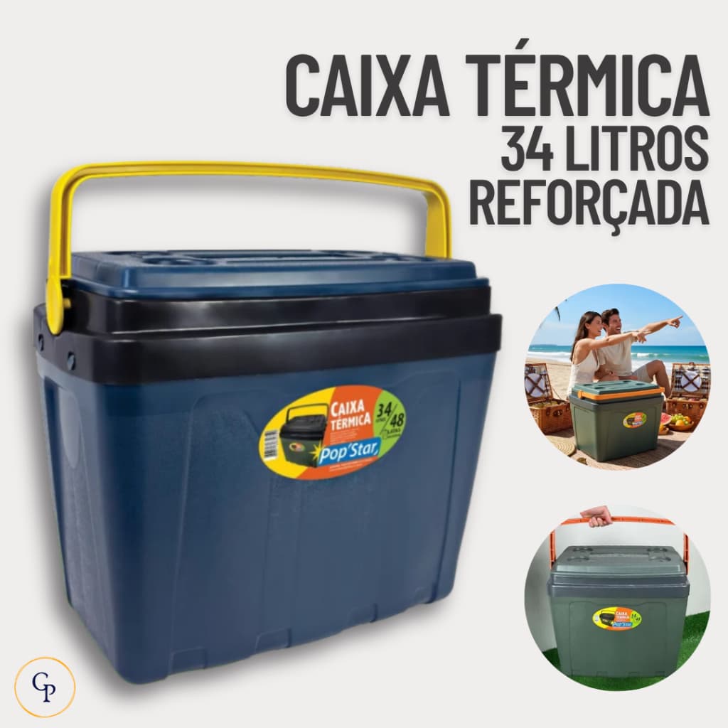 Cooler Caixa Térmica 34 Litros com Tampa Porta Copos – até 50 latas, ideal praia, festa e churrasco
