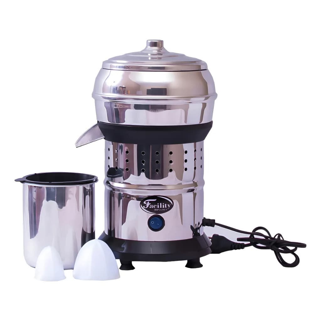 Extrator de suco profissional Facility em inox com copo e filtros.
