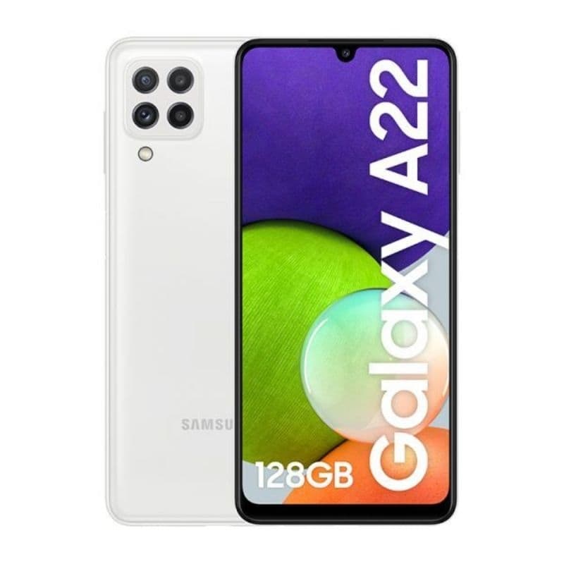 Celular Samsung Galaxy A22, cor branca, frente e verso, 128GB, 6.4 polegadas