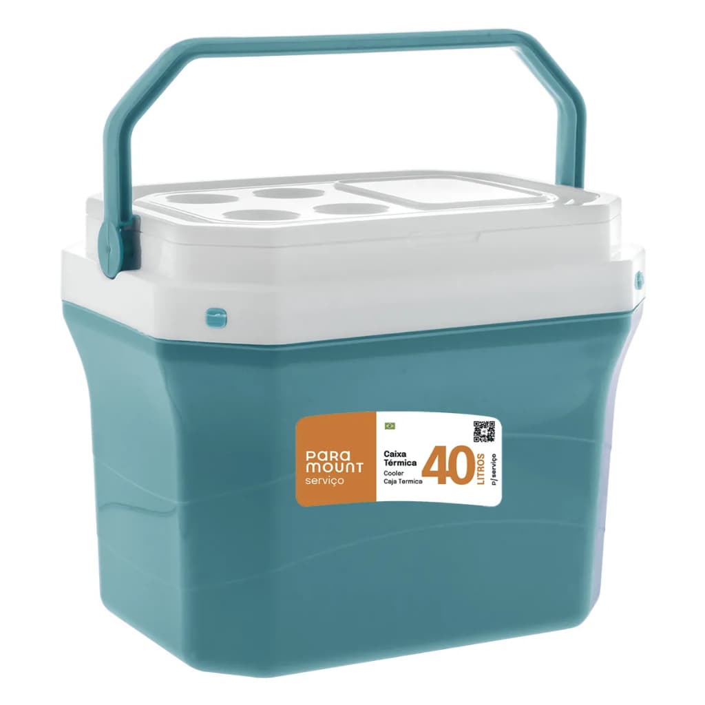 Caixa térmica 40 litros portátil plástica com alça moderna azul e branco