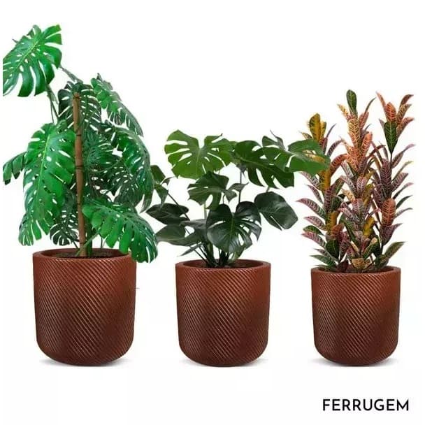 Kit de vasos decorativos cilíndricos marrons com plantas variadas