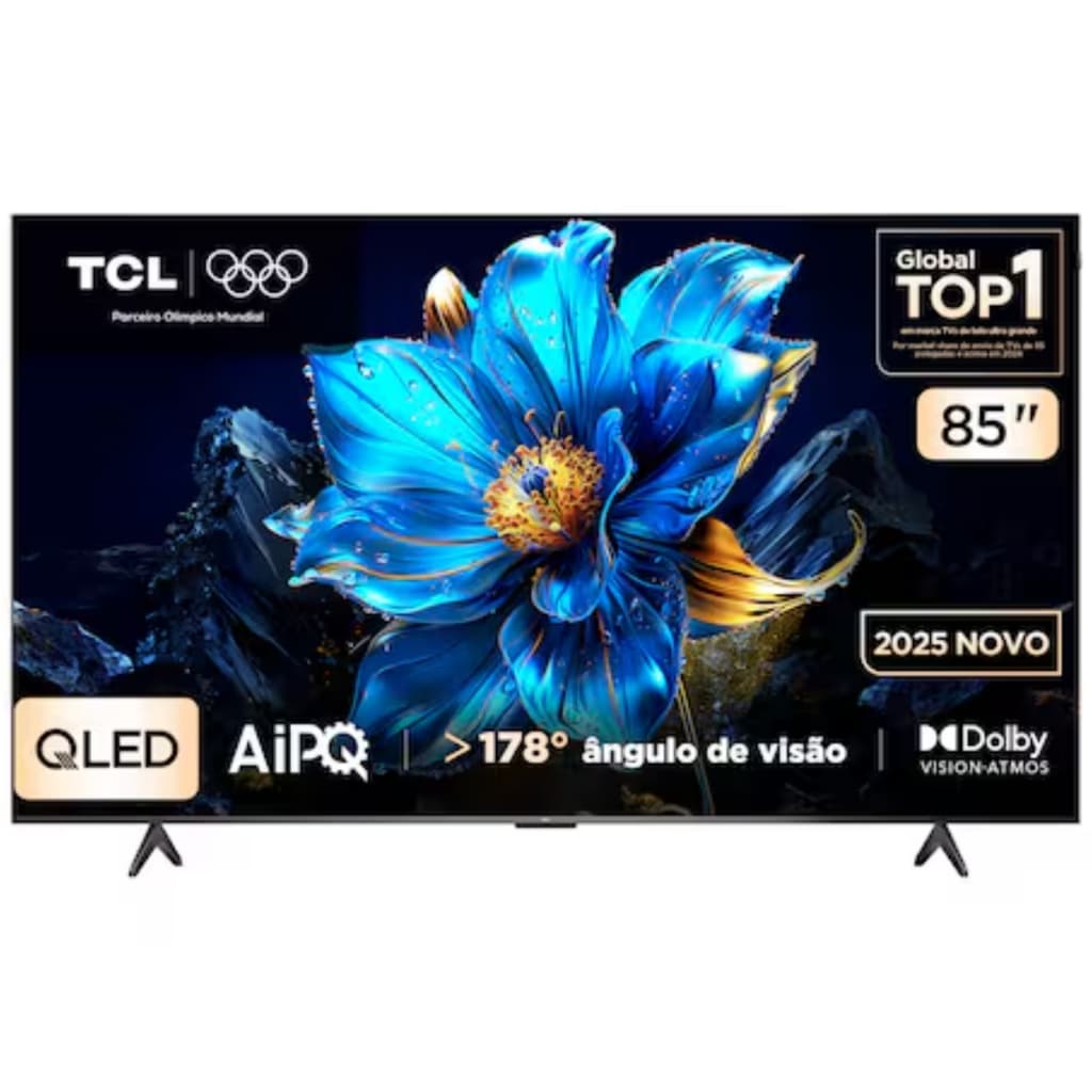 Smart TV 85 polegadas TCL QLED 4K com imagem de flor azul e texto descritivo