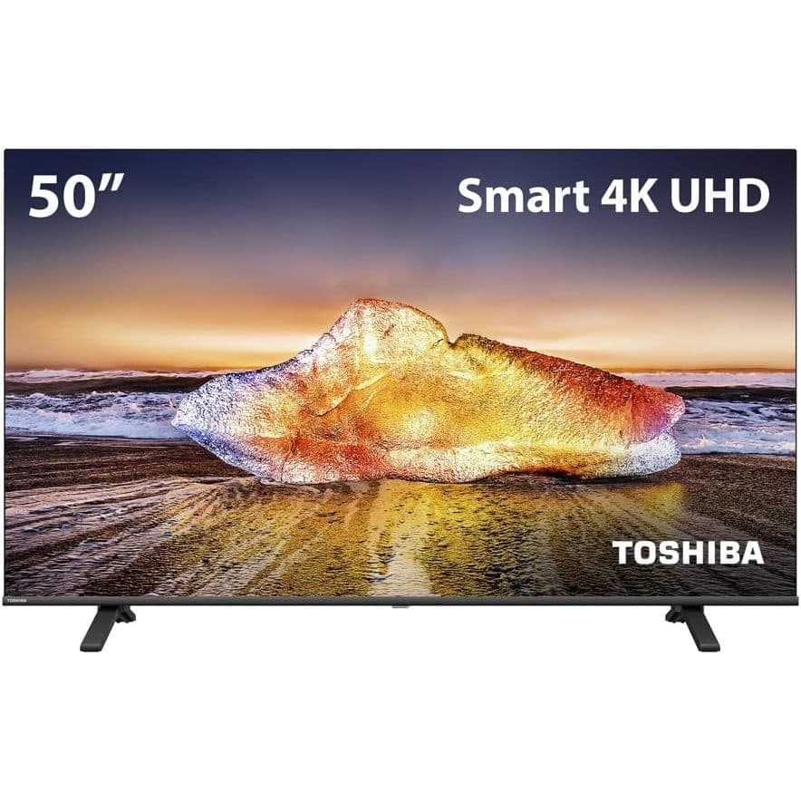 Smart TV 50 polegadas 4K Toshiba com imagem de praia ao entardecer