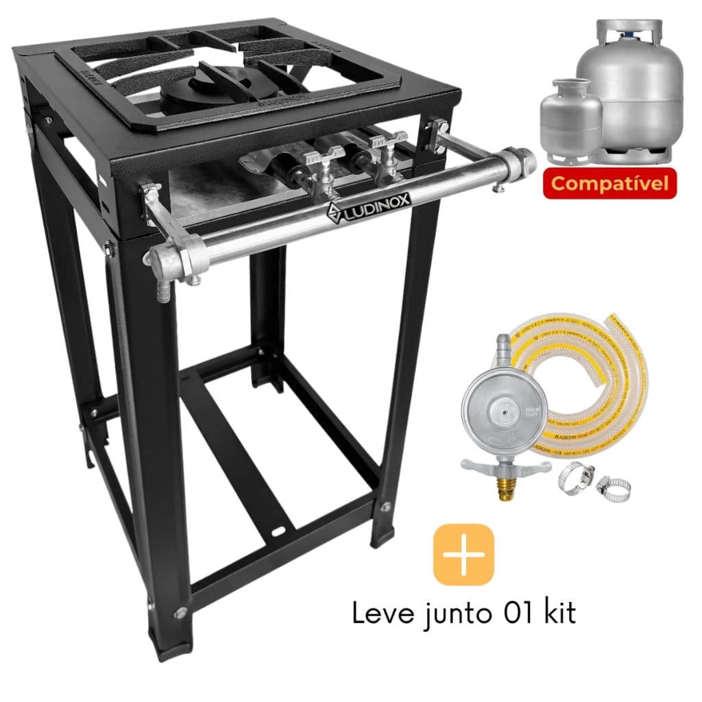 Fogão Industrial Baixa Pressão 1 Boca Grelha 30x30 Ferro Fundido Fogareiro Camping com Pés + Registro e Mangueira