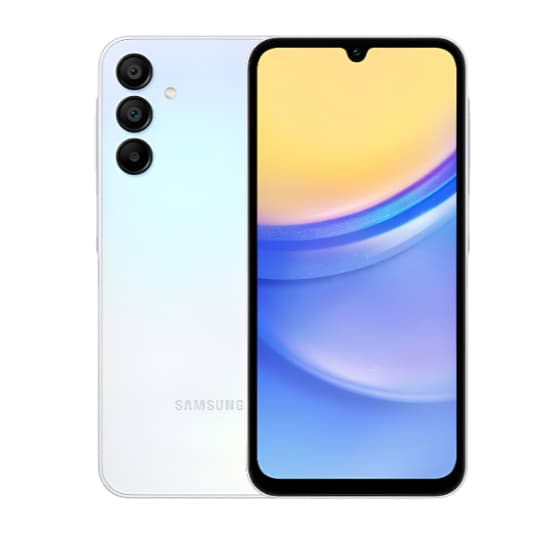 Samsung Galaxy A15 5G, smartphone com câmera quádrupla e tela AMOLED, azul claro e branco
