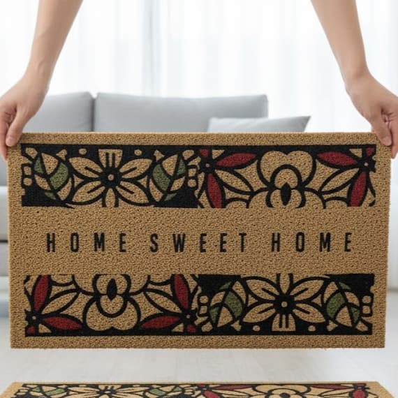 Tapete capacho vinil floral multicolorido 'Home Sweet Home' entrada casa