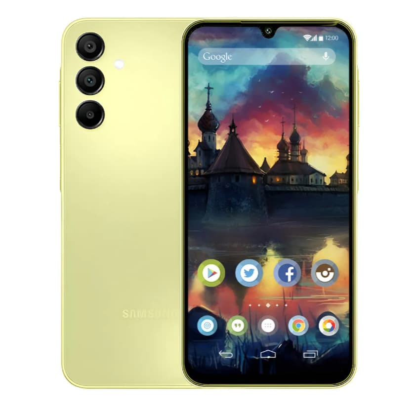 Samsung Galaxy A15 4G Dual SIM 256GB em amarelo claro, mostrando a tela e a câmera traseira tripla