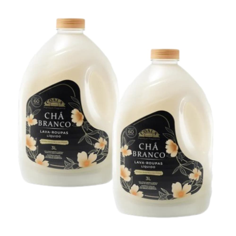 Kit 2 frascos de sabão líquido Coala Chá Branco 3L cada, rótulo com flores brancas e fundo preto