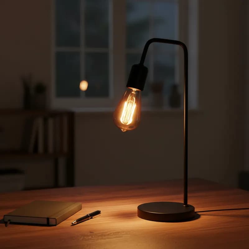 Luminária de mesa retro vintage industrial com base e haste pretas e lâmpada incandescente iluminada