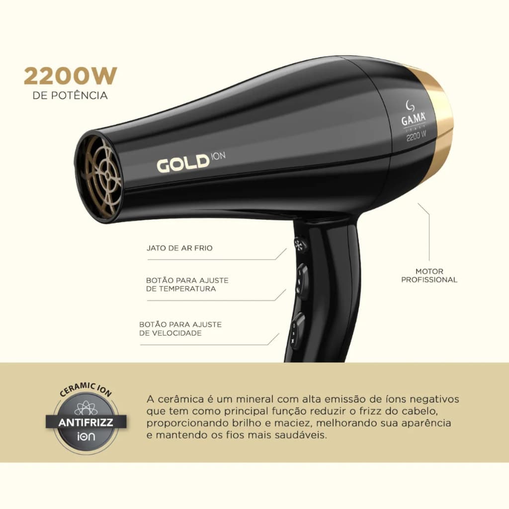 SECADOR DE CABELO GAMA GOLD ION 2200W 127V  GAMA ITALY