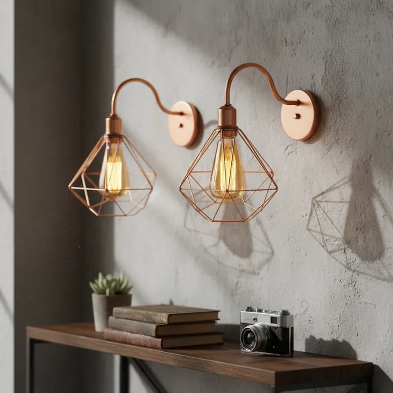 Luminárias de parede de design retrô vintage industrial em cobre, iluminadas, em uma parede cinza com livros e uma câmera.