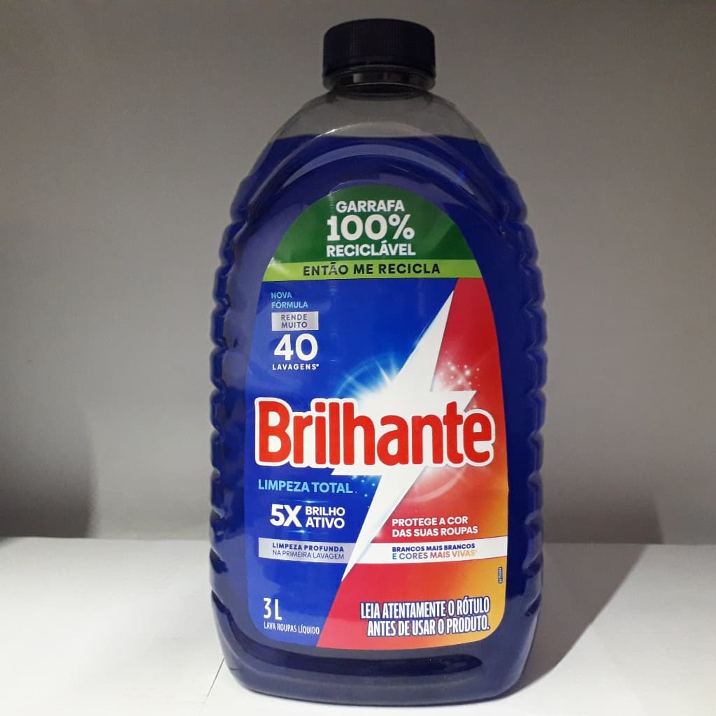 Sabão Líquido Brilhante Limpeza Total 3L em frasco azul com etiquetas vermelhas e verdes