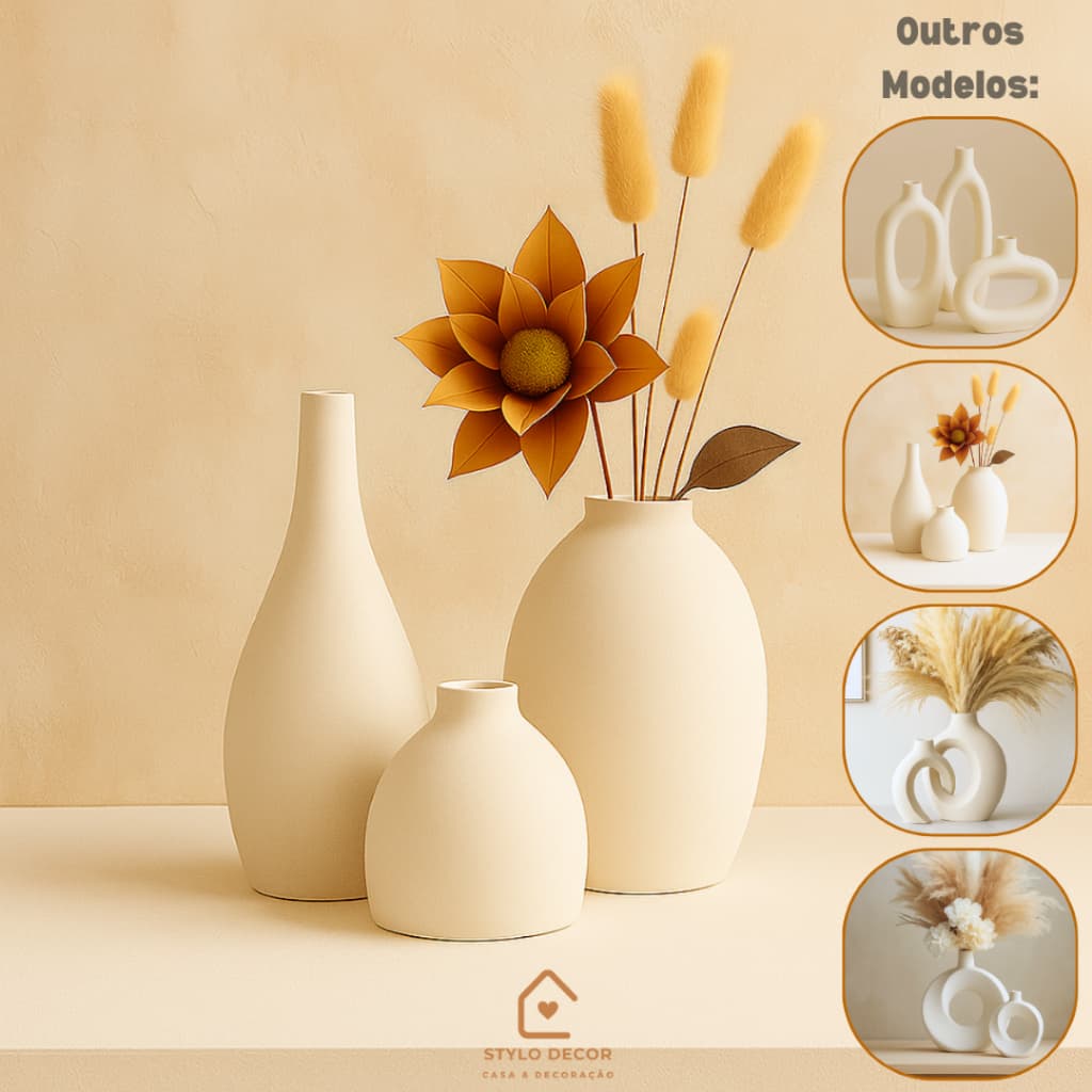 Trio de vasos decorativos em cerâmica fosca minimalista para sala de estar