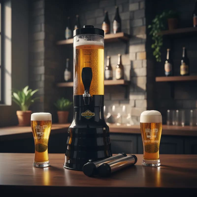 Chopeira Torre Chopp com torneira italiana e 2 copos de cerveja, fundo com prateleiras